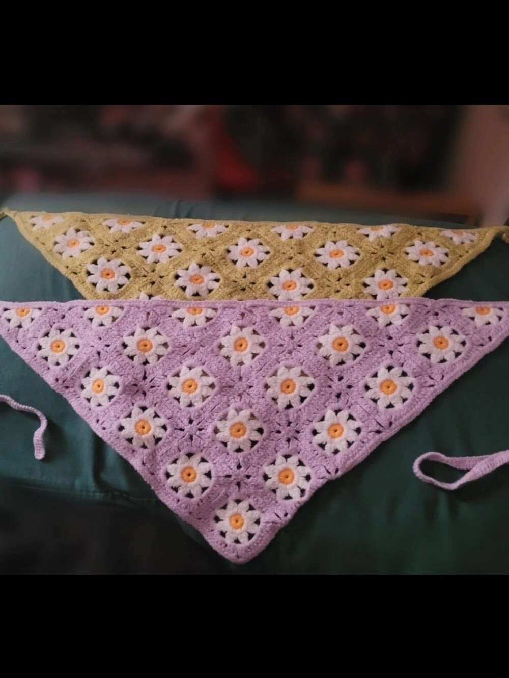 Handmade Crocheted Triangle Scarf in Lavender and Olive - Floral Motif